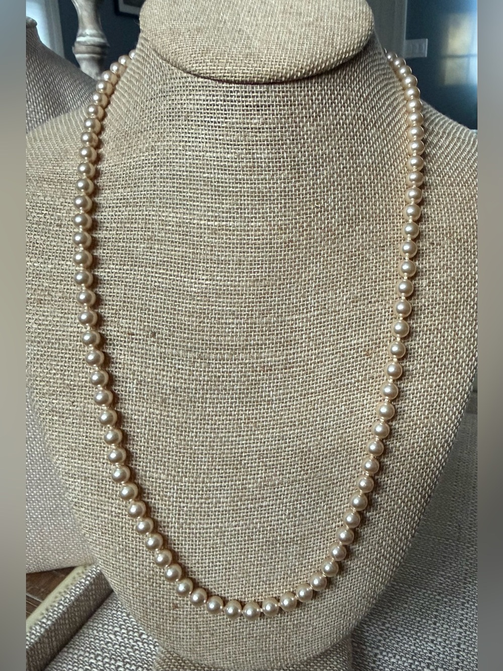 Champagne Faux Glass Pearl Vintage Necklace w/Sterling Silver clasp